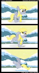 Size: 1132x2132 | Tagged: safe, artist:veggie55, derpy hooves, clothes, comic, filly, scarf, snow, snowfall