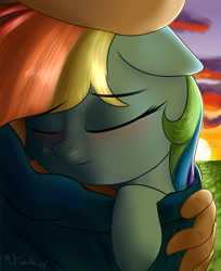 Size: 2200x2700 | Tagged: safe, artist:a8f12, derpibooru import, rainbow dash, human, pony, blushing, cuddling, hug, human on pony snuggling, sleeping, snuggling, sunset, support