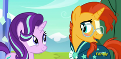 Size: 1176x574 | Tagged: safe, screencap, starlight glimmer, sunburst, pony, unicorn, the crystalling, blushing, discovery family logo, eye contact, open mouth, smiling