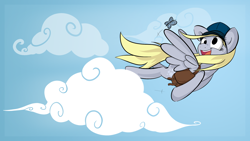 Size: 1920x1080 | Tagged: safe, artist:teknibaal, derpy hooves, butterfly, pegasus, pony, bag, cloud, female, flying, mailbag, mare, open mouth, sky, smiling, solo, spread wings, wallpaper, wings