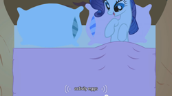 Size: 640x355 | Tagged: safe, screencap, rarity, pony, unicorn, bed, female, horn, mare, solo, youtube caption