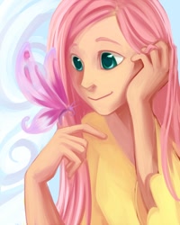 Size: 600x750 | Tagged: safe, artist:t1mco, fluttershy, human, clothes, female, humanized, pink hair
