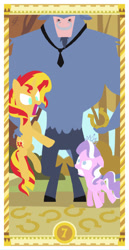 Size: 400x775 | Tagged: safe, artist:janeesper, diamond tiara, iron will, sunset shimmer, pony, horseshoes, tarot, tarot card