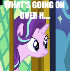 Size: 582x592 | Tagged: safe, edit, screencap, starlight glimmer, pony, unicorn, the crystalling, frown, image macro, meme, reaction image, shocked, solo, text edit, what's going on in this thread, wide eyes