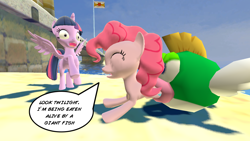 Size: 1280x720 | Tagged: artist needed, safe, pinkie pie, twilight sparkle, twilight sparkle (alicorn), alicorn, pony, 3d, deep-cheep, del fino airstrip, female, fetish, freak out, gmod, isle delfino, mare, pinkie prey, super mario bros., super mario sunshine, vore