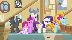 Size: 4000x2250 | Tagged: safe, artist:sigmavirus1, berry punch, berryshine, piña colada, rarity, thunderlane, pony, unicorn, applecore, post office, tantrum