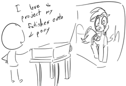 Size: 664x453 | Tagged: artist needed, source needed, safe, derpibooru import, rainbow dash, oc, oc:anon, pegasus, pony, /mlp/, black and white, dialogue, doodle, fetish, grayscale, monochrome, projector