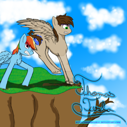 Size: 1280x1280 | Tagged: safe, artist:thiefdsaara1, artist:thomas tesla, derpibooru import, rainbow dash, oc, oc:thomas tesla, pegasus, pony, angry, cliff, fear, fear of flying, pushing, rump push, teaching