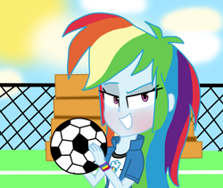 Size: 1024x864 | Tagged: safe, artist:rosethekitty11, derpibooru import, rainbow dash, equestria girls, bench, blushing, football, grin, smiling, soccer field