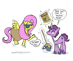 Size: 500x416 | Tagged: safe, artist:krampuskind, fluttershy, oc, pegasus, pony, unicorn, flank, janitor, mop, porn, sunglasses