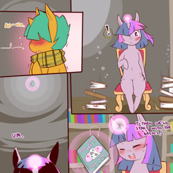 Size: 1200x1200 | Tagged: safe, artist:cold-blooded-twilight, snails, twilight sparkle, twilight sparkle (alicorn), alicorn, pony, comic:when aero met glitter, ask glitter shell, blushing, clothes, cold blooded twilight, comic, crossdressing, explicit source, glitter shell, magic, scarf, skirt, tumblr, twilight's castle