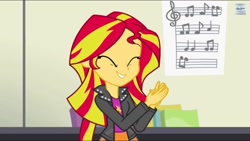 Size: 1136x640 | Tagged: safe, screencap, sunset shimmer, equestria girls, rainbow rocks, clapping, cute, sheet music, shimmerbetes, smiling, solo, when she smiles