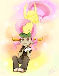 Size: 1400x1800 | Tagged: safe, artist:chibiguardianangel, fluttershy, pegasus, pony, rabbit, crossover, crossover shipping, floral head wreath, flower, homestuck, shipping, spread wings, tavros nitram, tavroshy, wings