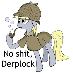 Size: 1300x1300 | Tagged: safe, derpy hooves, pegasus, pony, bubble, bubble pipe, caption, female, image macro, mare, no shit sherlock, photoshop, pipe, reaction image, sherlock holmes, vulgar