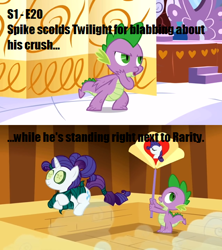 Size: 462x520 | Tagged: safe, edit, edited screencap, screencap, rarity, spike, dragon, pony, unicorn, green isn't your color, caption, comic, cucumber, fan, fanning, female, food, male, mare, meta, sauna, seaweed wrap