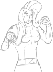 Size: 450x605 | Tagged: artist needed, source needed, safe, fluttershy, boxing, clothes, female, fist, humanized, injured, looking at you, one eye closed, simple background, solo, transparent background