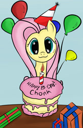 Size: 2480x3800 | Tagged: safe, artist:k1ngsaros, fluttershy, pegasus, pony, birthday, cake, high res, present, solo