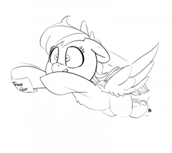 Size: 1280x1141 | Tagged: safe, artist:pabbley, derpibooru import, rainbow dash, pegasus, pony, 30 minute art challenge, flying, monochrome, shrunken pupils, solo, that pony sure does love cider