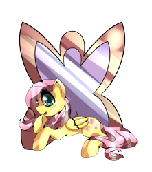 Size: 1177x1329 | Tagged: safe, artist:monythecat, fluttershy, pegasus, pony, abstract background, blushing, cutie mark background, female, folded wings, hoof on chin, looking at you, mare, open mouth, prone, smiling, solo, wings