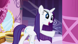 Size: 640x360 | Tagged: safe, screencap, rarity, pony, unicorn, the ticket master, happy, open mouth, smiling, solo, wet, wet mane, wet mane rarity, wide eyes