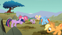 Size: 1054x592 | Tagged: safe, derpibooru import, screencap, applejack, fluttershy, pinkie pie, rainbow dash, spike, twilight sparkle, dragon, earth pony, pegasus, pony, a dog and pony show