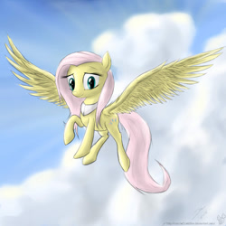 Size: 900x900 | Tagged: safe, artist:rule1of1coldfire, fluttershy, pegasus, pony, cloud, female, flying, looking at you, mare, raised hoof, sky, smiling, solo, spread wings, three quarter view, wings