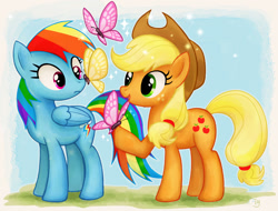 Size: 1244x946 | Tagged: safe, artist:igriega13, derpibooru import, applejack, rainbow dash, butterfly, earth pony, pegasus, pony