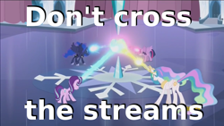 Size: 1366x768 | Tagged: safe, edit, edited screencap, screencap, princess celestia, princess luna, starlight glimmer, twilight sparkle, twilight sparkle (alicorn), alicorn, pony, the crystalling, female, ghostbusters, image macro, magic blast, mare, meme