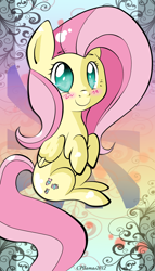 Size: 1090x1900 | Tagged: safe, artist:llamaswithkatanas, fluttershy, pegasus, pony, abstract background, blushing, female, folded wings, hooves to the chest, looking at you, mare, no pupils, sitting, smiling, solo, three quarter view, wings