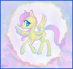 Size: 843x791 | Tagged: safe, artist:maiasoara, fluttershy, pegasus, pony, female, filly, flying, profile, sky, smiling, solo, spread wings, wings