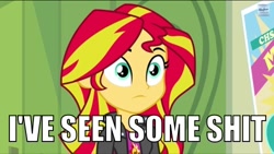 Size: 500x282 | Tagged: safe, screencap, sunset shimmer, equestria girls, rainbow rocks, i've seen some shit, image macro, meme, reaction image, solo, text, vulgar