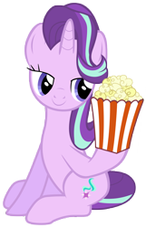 Size: 7000x10900 | Tagged: safe, artist:lahirien, artist:tardifice, starlight glimmer, pony, unicorn, the crystalling, absurd resolution, eyes on the prize, food, hoof hold, lidded eyes, photoshop, popcorn, simple background, sitting, smiling, solo, transparent background, vector