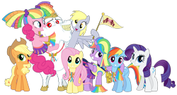 Size: 12000x6474 | Tagged: safe, artist:masem, derpibooru import, applejack, bulk biceps, derpy hooves, fluttershy, pinkie pie, rainbow dash, rarity, twilight sparkle, twilight sparkle (alicorn), alicorn, earth pony, pegasus, pony, unicorn, rainbow falls, absurd resolution, cheerleader, cheerleader pinkie, cheerleader sparkle, female, flag, male, mane six, mare, medal, ponyville flag, simple background, skirt, stallion, transparent background, vector, wonderbolt badge