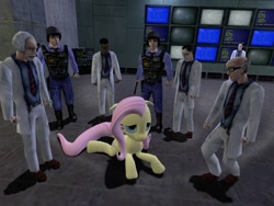 Size: 1024x768 | Tagged: safe, artist:pika-robo, fluttershy, human, barney calhoun, black mesa, crossover, gmod, half-life, issac kleiner, scientist