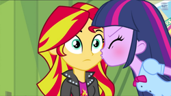 Size: 600x338 | Tagged: safe, edit, edited screencap, screencap, sunset shimmer, twilight sparkle, equestria girls, rainbow rocks, female, kissing, lesbian, love, shipping, sunsetsparkle