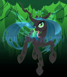 Size: 950x1101 | Tagged: safe, artist:peridotkitty, queen chrysalis, changeling, changeling queen, cat eyes, cheeselegs, eyelashes, fangs, female, looking at you, solo, tongue out, watermark