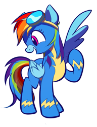 Size: 1001x1301 | Tagged: safe, artist:sion-ara, derpibooru import, rainbow dash, pegasus, pony, clothes, cute, dashabetes, female, goggles, mare, simple background, smiling, solo, uniform, white background, wonderbolts uniform