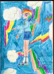 Size: 1500x2066 | Tagged: safe, artist:twilightangel004, derpibooru import, rainbow dash, human, cloud, cutie mark, humanized, lighting bolt, lightning, solo, traditional art, winged humanization, wings