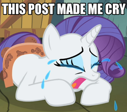 Size: 500x437 | Tagged: safe, rarity, pony, unicorn, crying, female, horn, image macro, mare, solo, this post