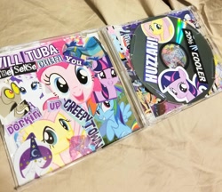 Size: 3024x2616 | Tagged: safe, derpibooru import, discord, pinkie pie, rainbow dash, rarity, twilight sparkle, earth pony, pegasus, pony, unicorn, cd case, disc, sticker