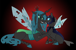 Size: 2274x1500 | Tagged: safe, artist:ambergerr, queen chrysalis, changeling, changeling queen, armor, changeling guard, changeling officer, female, helmet, male, nuzzling, shipping, smiling, straight