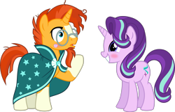 Size: 6257x4021 | Tagged: safe, artist:osipush, starlight glimmer, sunburst, pony, unicorn, the crystalling, absurd resolution, blushing, female, kiss mark, male, shipping, simple background, starburst, straight, sunburst's glasses, sunburst's robe, transparent background, vector