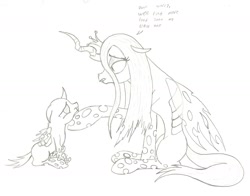 Size: 1628x1278 | Tagged: safe, artist:the-laughing-horror, queen chrysalis, changeling, changeling queen, nymph, comic, cute, cutealis, cuteling, dialogue, eye contact, female, hnnng, hungry, looking at each other, mommy chrissy, monochrome, mother and child, parent and child, sad, simple background, white background