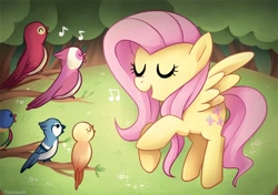 Size: 744x524 | Tagged: safe, artist:tsurime, fluttershy, bird, pegasus, pony, orchirpstra, singing