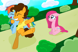 Size: 1024x690 | Tagged: safe, artist:twithehedgehog, derpibooru import, cheese sandwich, pinkie pie, rainbow dash, earth pony, pegasus, pony, pinkie pride, carrying, pinkamena diane pie, sad