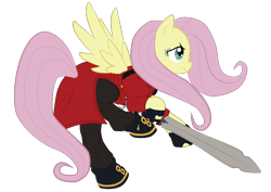 Size: 842x595 | Tagged: safe, artist:tiakaneko, fluttershy, pegasus, pony, badass, costume, dante (devil may cry), devil may cry, devil may cry 3, flutterbadass, solo, sword