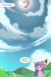 Size: 1280x1920 | Tagged: safe, artist:cold-blooded-twilight, nightmare moon, spike, twilight sparkle, dragon, pony, unicorn, comic:cold storm, cloud, cold blooded twilight, comic, dialogue, female, grin, looking at you, mare, mare in the moon, moon, smiling