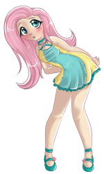 Size: 395x658 | Tagged: safe, artist:smokeflare, fluttershy, human, blushing, clothes, dress, female, humanized, looking at you, simple background, solo, transparent background