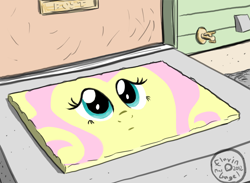 Size: 750x550 | Tagged: safe, artist:flavinbagel, fluttershy, pegasus, pony, doormat, pun, solo