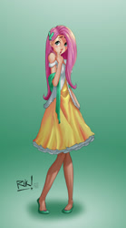 Size: 900x1617 | Tagged: safe, artist:rik-vreal, fluttershy, blushing, clothes, dress, humanized